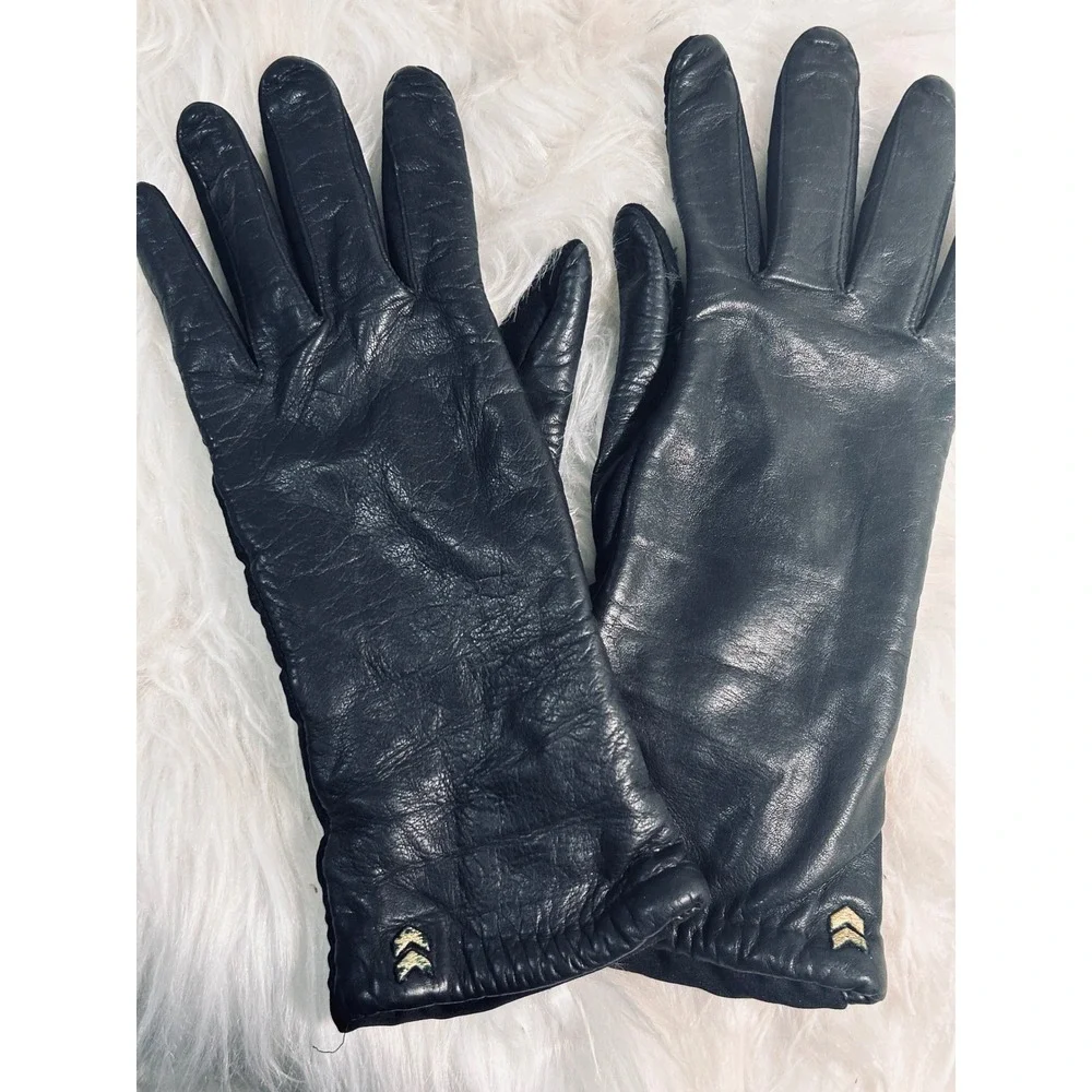 Isotoner by Aris Womens Black Leather Spandex Gloves Gold Chevron One Size - Picture 3 of 7
